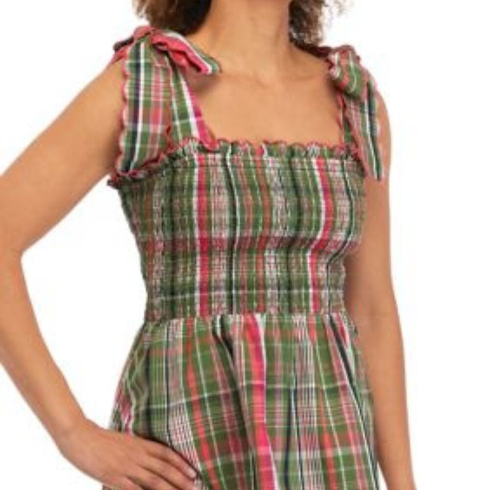Crown & Ivy Pink Green Plaid Smocked Bodice Cotton Preppy Tank Top sz L NWT